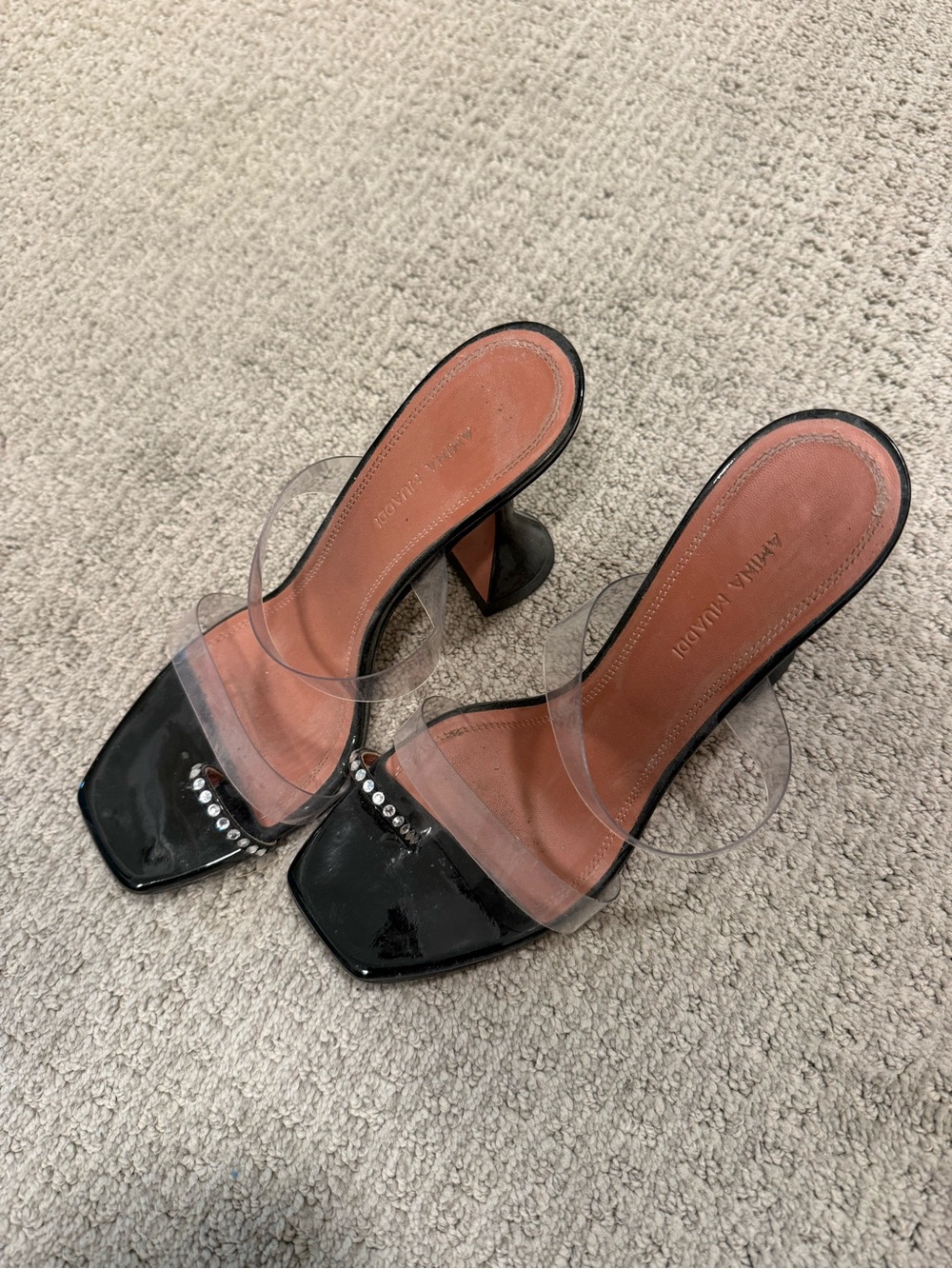 Amina Muaddi Black Patent Mules with Clear PVC Straps - Picture 2 of 4